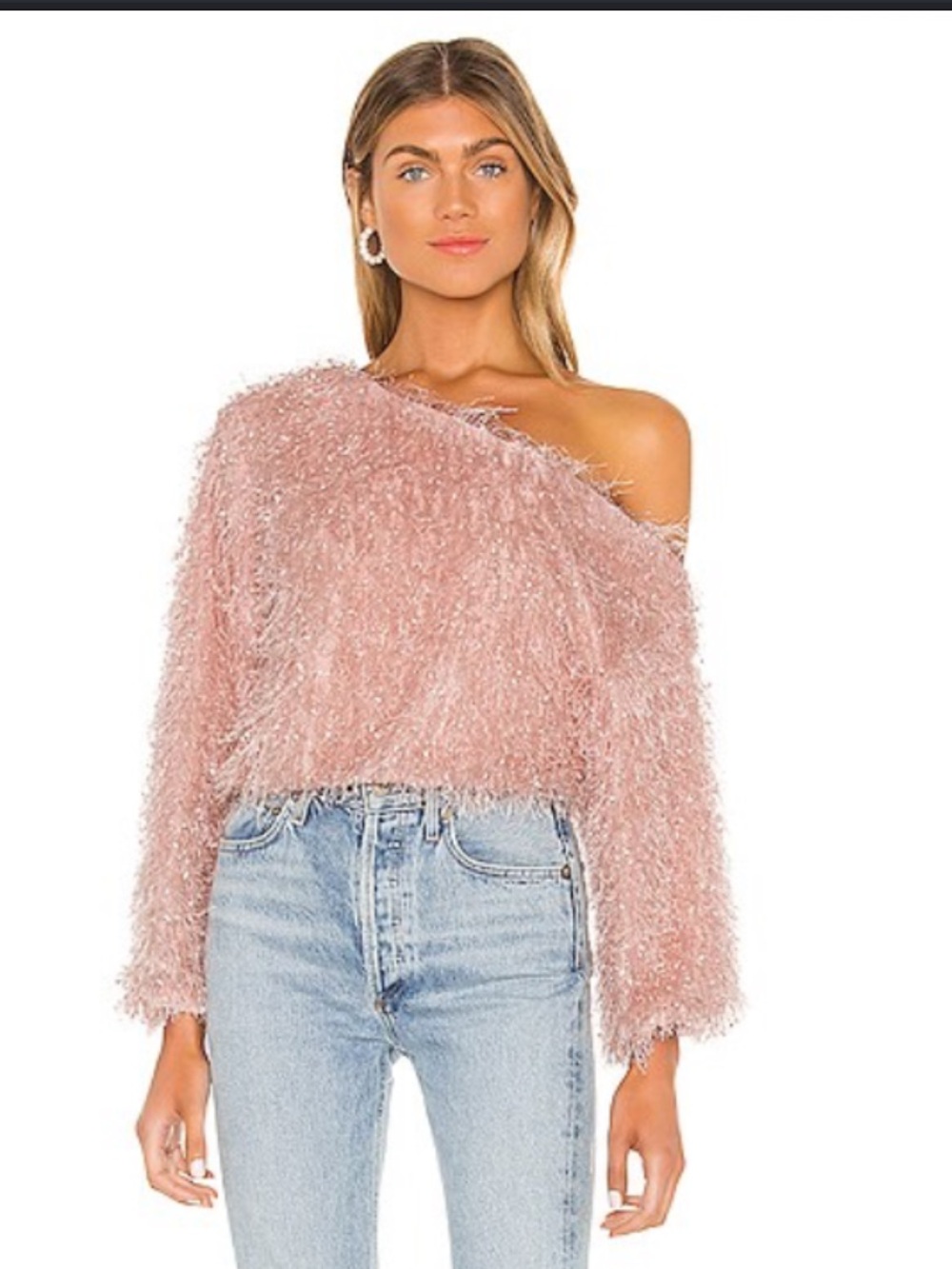 Fuzzy Off-Shoulder Crew Neck Sweater in Blush Pink